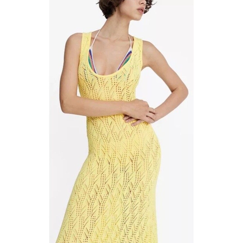 NWT MNG Yellow Crocheted Beachy Tropical Resortwear Maxi Dress Sz 10